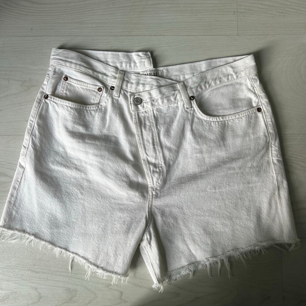 NWOT AGOLDE White Criss Cross Denim Shorts Long Summer Bermuda Size 32 - Picture 2 of 6